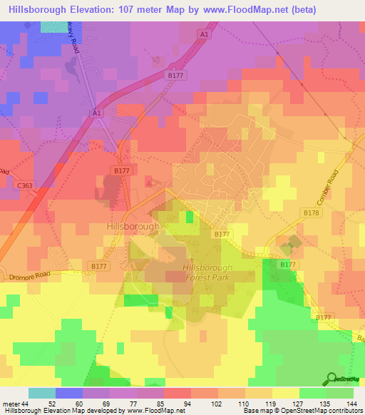 Hillsborough,UK Elevation Map