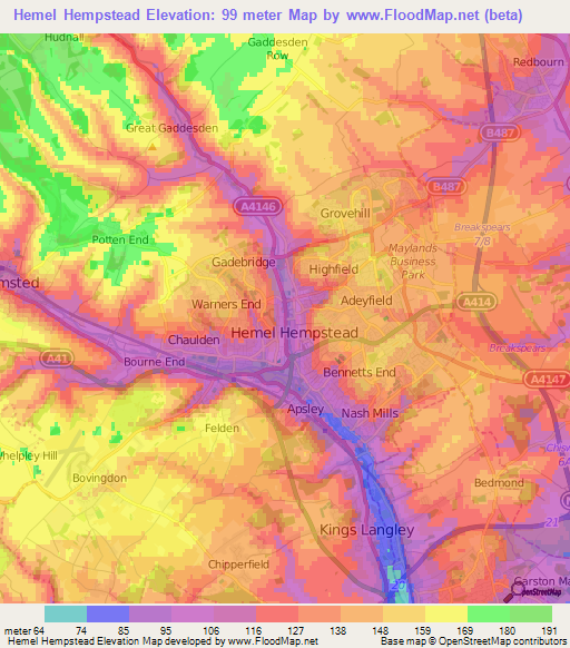 Hemel Hempstead,UK Elevation Map