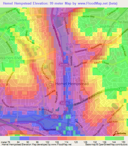 Hemel Hempstead,UK Elevation Map