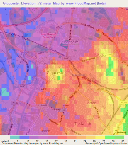 Gloucester,UK Elevation Map