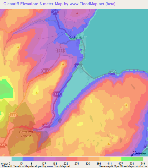 Glenariff,UK Elevation Map