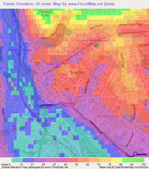 Exeter,UK Elevation Map