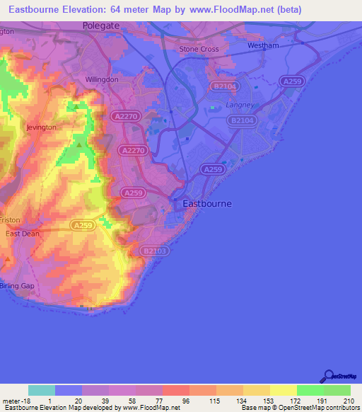 Eastbourne,UK Elevation Map