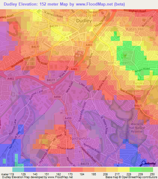 Dudley,UK Elevation Map