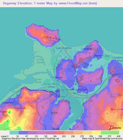 Deganwy,UK Elevation Map