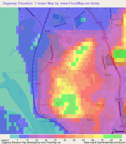 Deganwy,UK Elevation Map