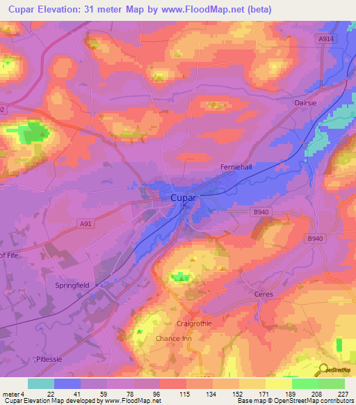 Cupar,UK Elevation Map