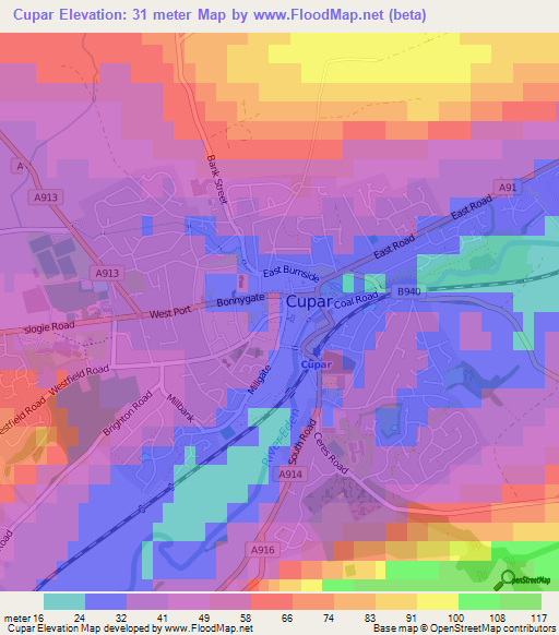 Cupar,UK Elevation Map