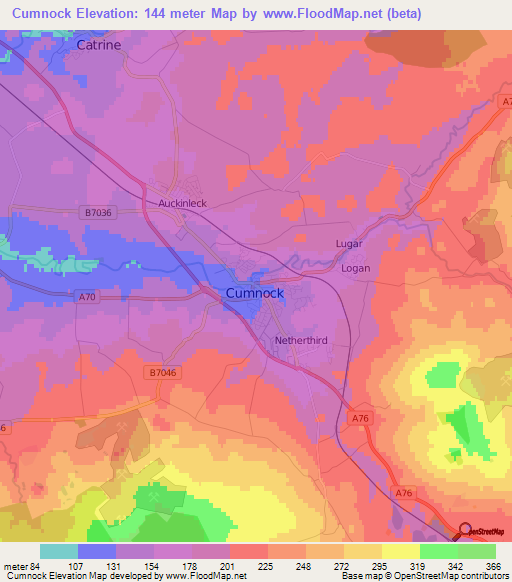 Cumnock,UK Elevation Map