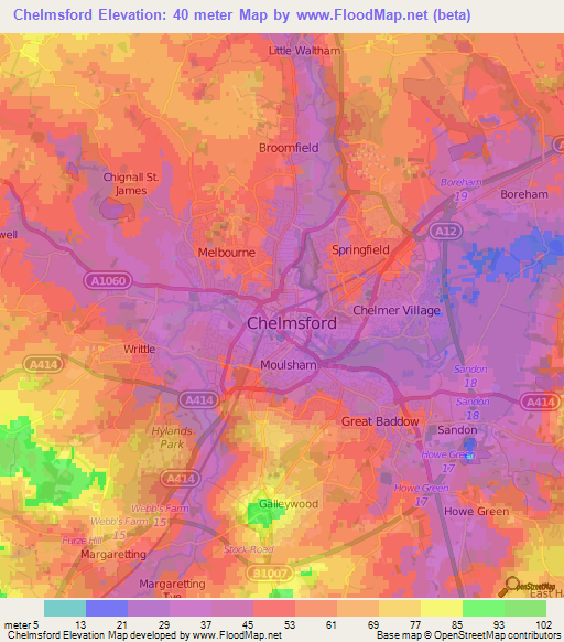 Chelmsford,UK Elevation Map