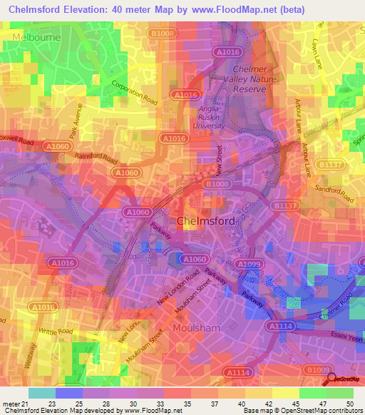 Chelmsford,UK Elevation Map