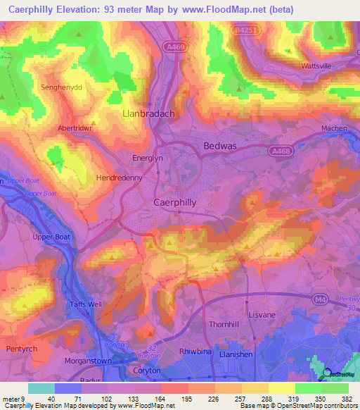 Caerphilly,UK Elevation Map