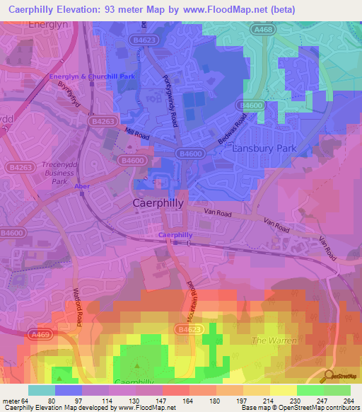 Caerphilly,UK Elevation Map