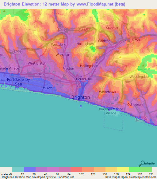 Brighton,UK Elevation Map