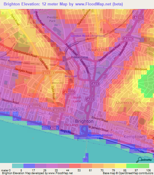 Brighton,UK Elevation Map