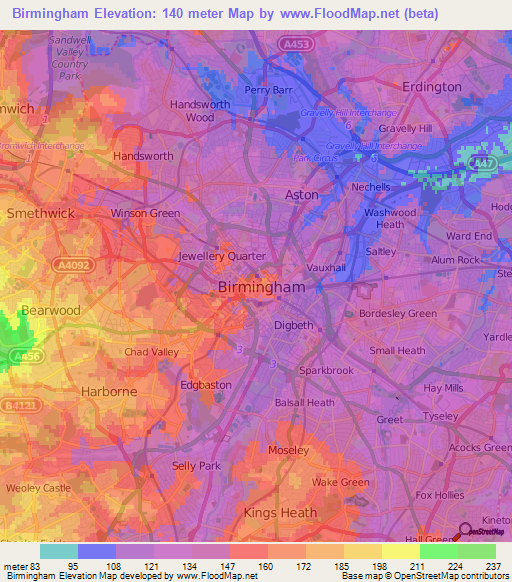 Birmingham,UK Elevation Map