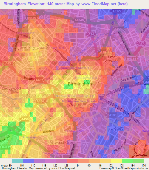 Birmingham,UK Elevation Map