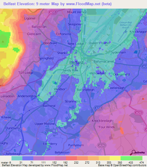 Belfast,UK Elevation Map