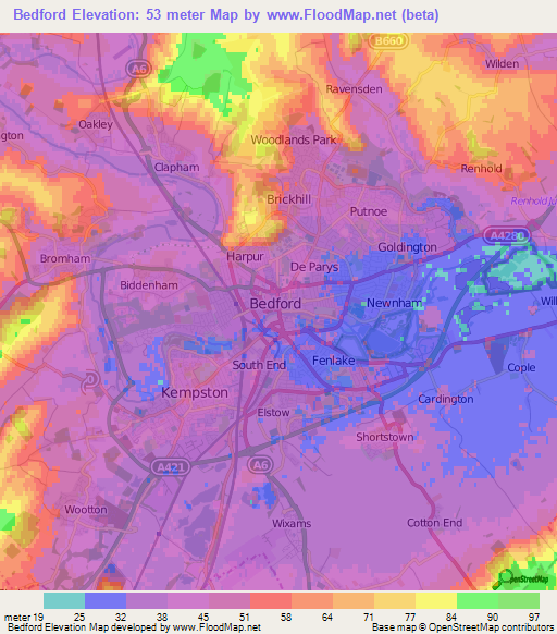 Bedford,UK Elevation Map