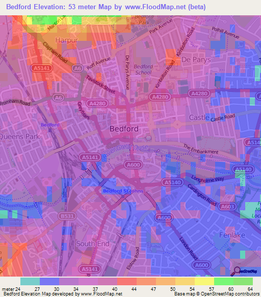 Bedford,UK Elevation Map