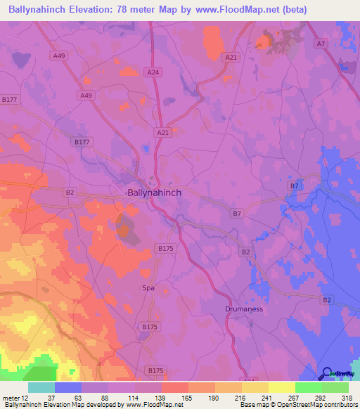 Ballynahinch,UK Elevation Map