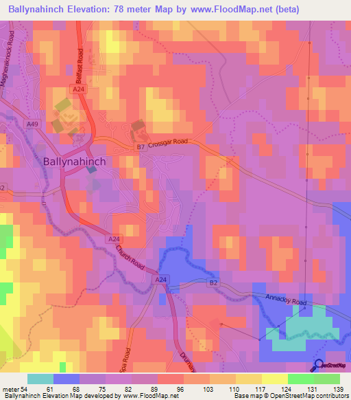 Ballynahinch,UK Elevation Map