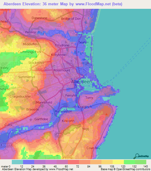 Aberdeen,UK Elevation Map