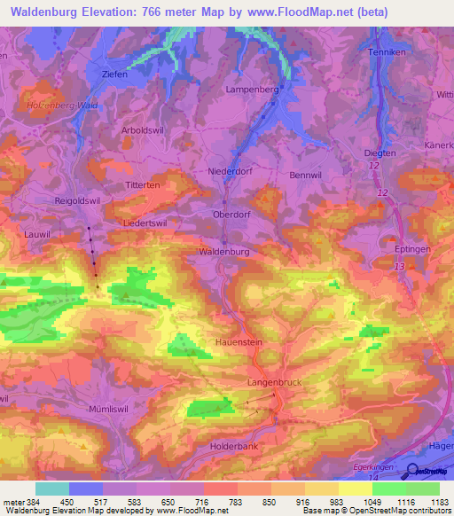 Waldenburg,Switzerland Elevation Map