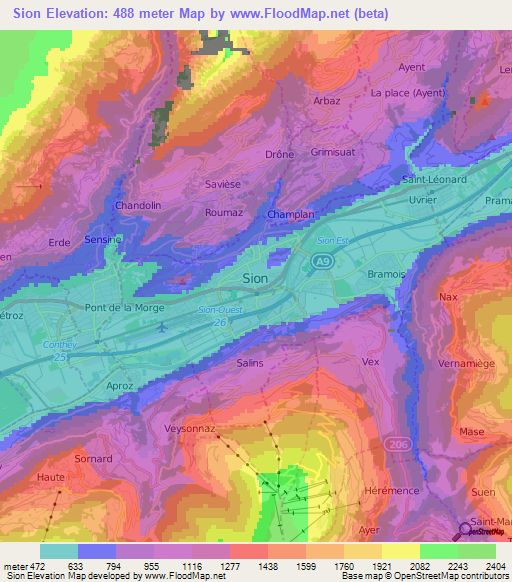 Sion,Switzerland Elevation Map