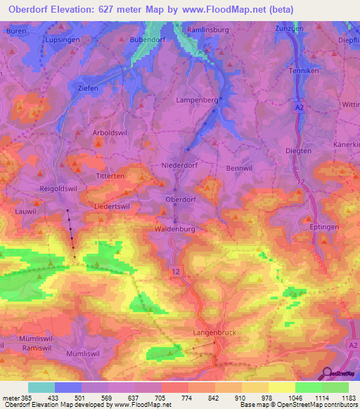 Oberdorf,Switzerland Elevation Map