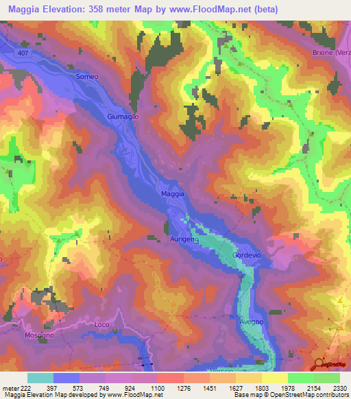 Maggia,Switzerland Elevation Map