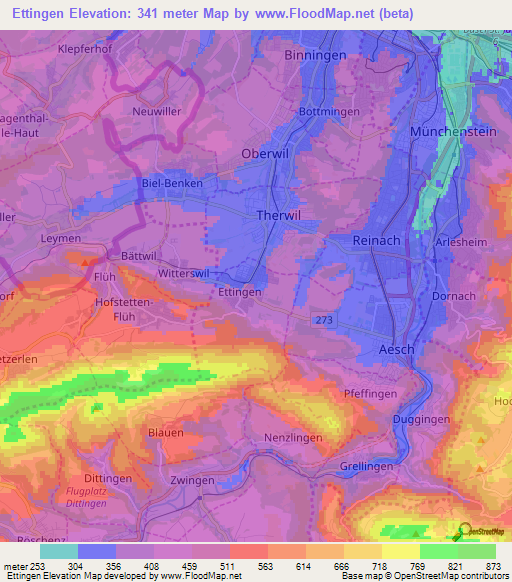 Ettingen,Switzerland Elevation Map