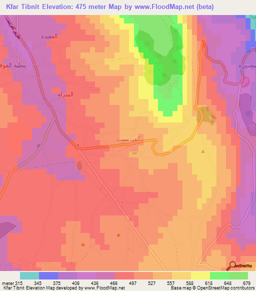 Kfar Tibnit,Lebanon Elevation Map