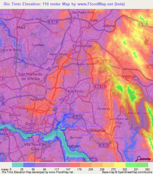 Rio Tinto,Portugal Elevation Map