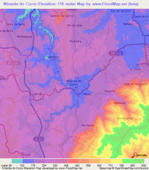 Miranda do Corvo,Portugal Elevation Map