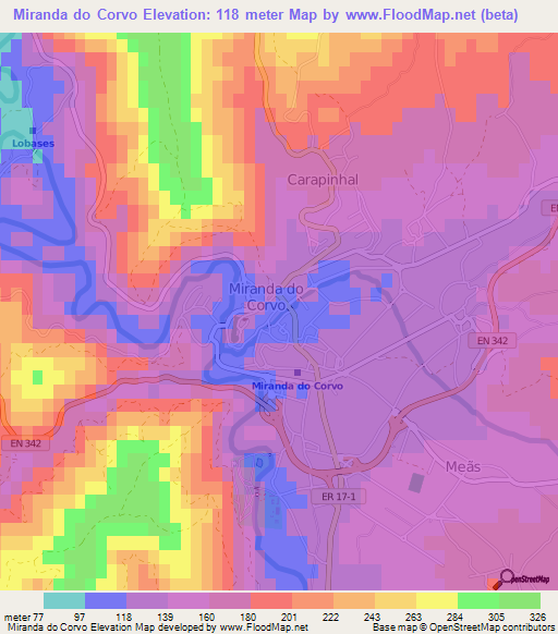 Miranda do Corvo,Portugal Elevation Map