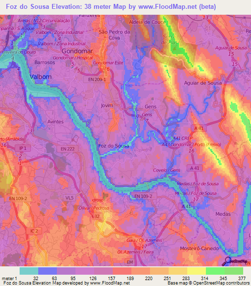 Foz do Sousa,Portugal Elevation Map