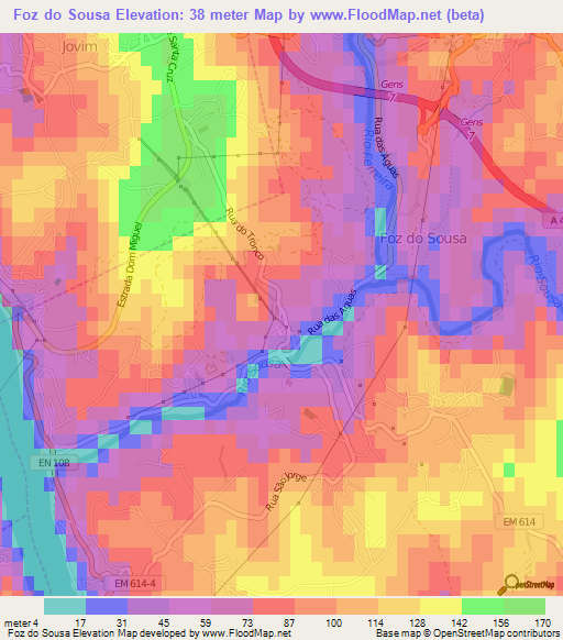 Foz do Sousa,Portugal Elevation Map