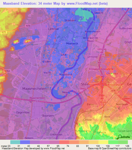 Maasband,Netherlands Elevation Map