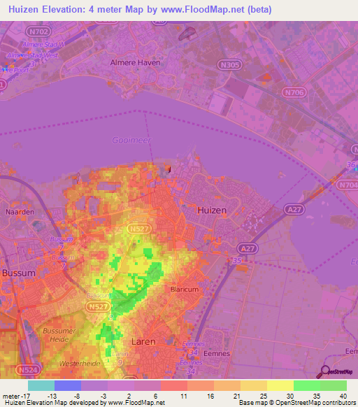 Huizen,Netherlands Elevation Map