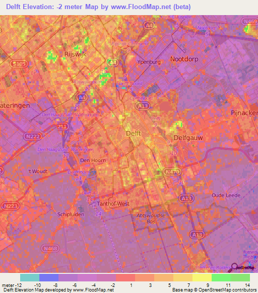 Delft,Netherlands Elevation Map