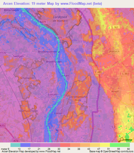 Arcen,Netherlands Elevation Map