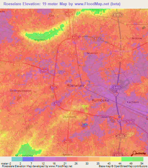 Roeselare,Belgium Elevation Map