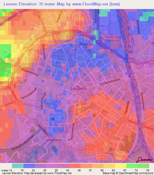 Leuven,Belgium Elevation Map