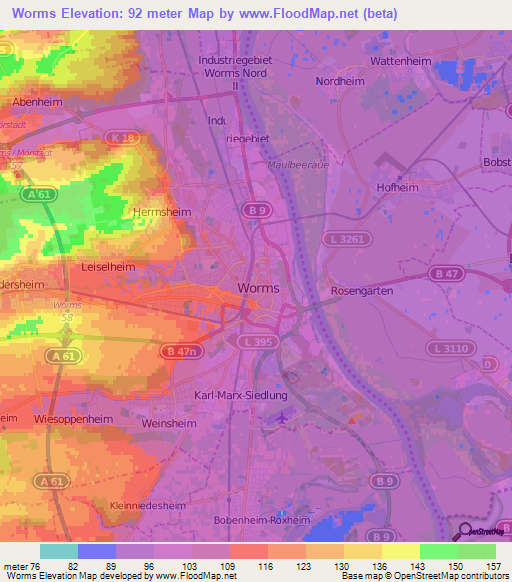 Worms,Germany Elevation Map
