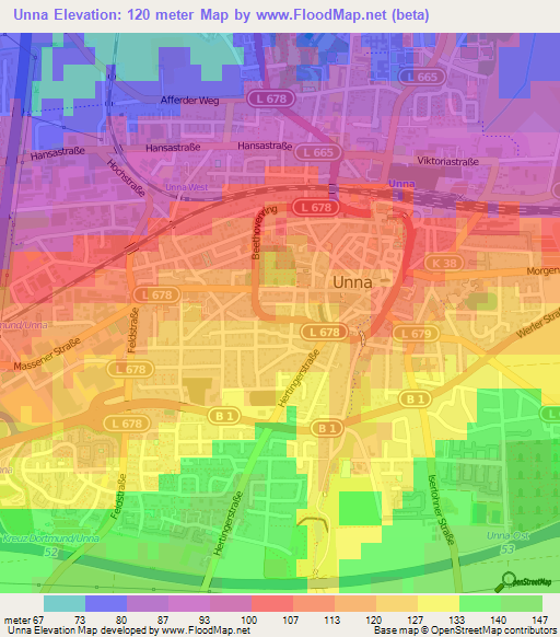 Unna,Germany Elevation Map