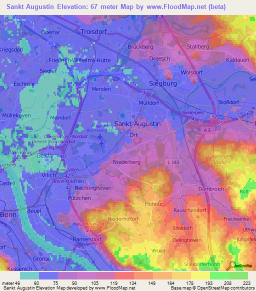 Sankt Augustin,Germany Elevation Map