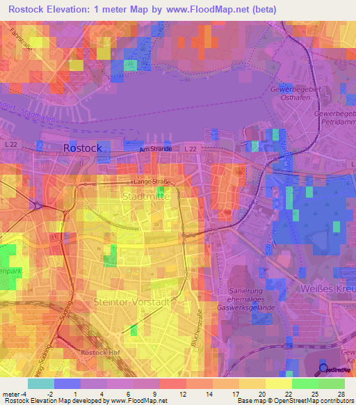 Rostock,Germany Elevation Map