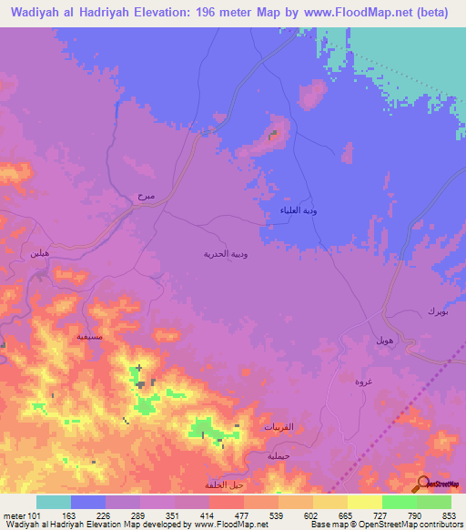 Wadiyah al Hadriyah,Oman Elevation Map