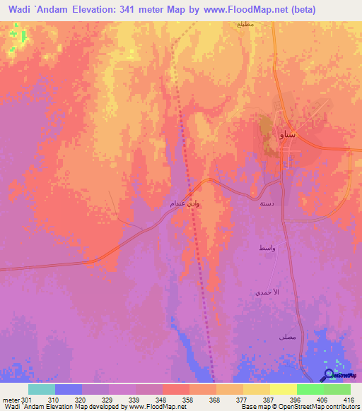 Wadi `Andam,Oman Elevation Map